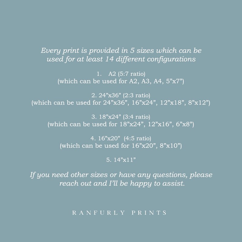 May include: Text on a light blue background lists print sizes and configurations, including A2, 24"x36", 18"x24", 16"x20", and 14"x11". The text also mentions the ability to use the prints in at least 14 different configurations. The bottom of the image displays the text "RANFURLY PRINTS".