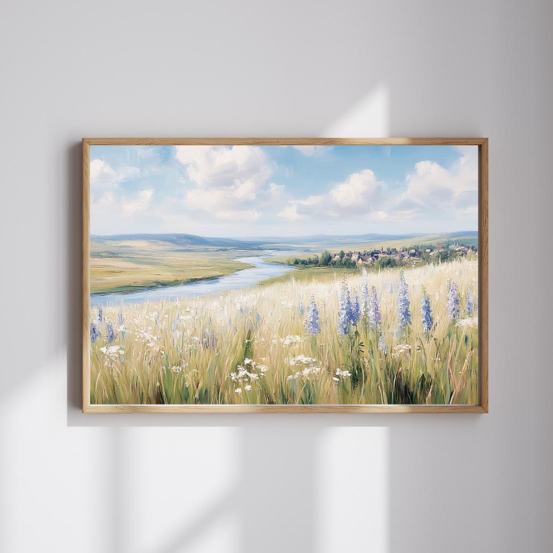 野花が咲く田園川の風景 | 夏の草原の油絵 | デジタルダウンロード