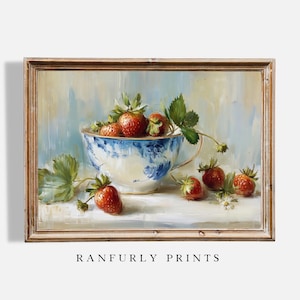 Strawberry Still Life Print: Chinoiserie Bowl, Farmhouse Kitchen Art (Digital Download)