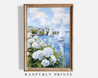 Nantucket Sailboat Art Print: Coastal New England Hydrangeas (Digital Download)