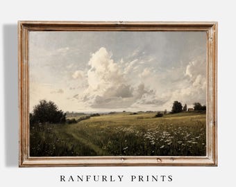 Peut inclure: Une peinture de paysage encadrée représente un champ de fleurs sauvages sous un ciel nuageux. L'œuvre présente un chemin de terre menant à travers le champ, avec des arbres et un petit bâtiment au loin. Le texte "RANFURLY PRINTS" est en bas.