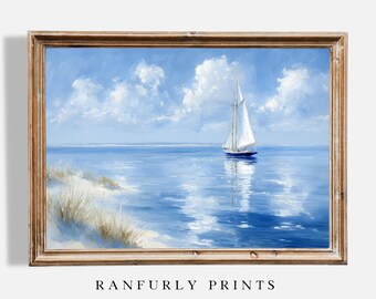 Blue Sailboat Coastal Wall Art, Nautical Ocean Seascape Digital Download Print, Beach House Decor