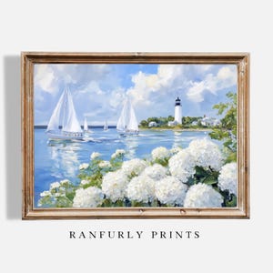 Nantucket Lighthouse & Sailboats Print – Coastal Oil Painting with White Hydrangeas – Nautical Wall Art – Digital Download