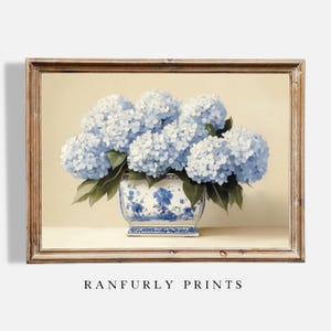Light Blue Hydrangeas in Blue Chinoiserie Vase, Digital Floral Art Print