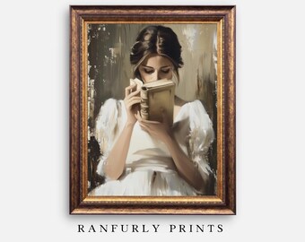 Puede incluir: Una pintura de una mujer con un vestido blanco leyendo un libro. La mujer está sentada en una silla y el libro está abierto frente a ella. La pintura está hecha en un estilo realista y los colores son apagados.