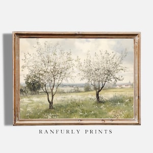 Apple Blossom Landscape Printable | Vintage Flowering Tree Painting | Spring Floral Wall Art | Cottagecore Print | Digital Download Art