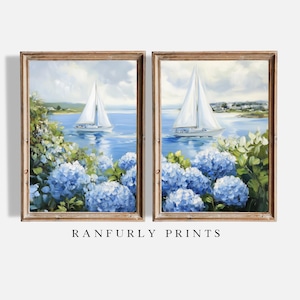 Sailboat and Hydrangea Coastal Wall Art Set of 2 – Digital Download