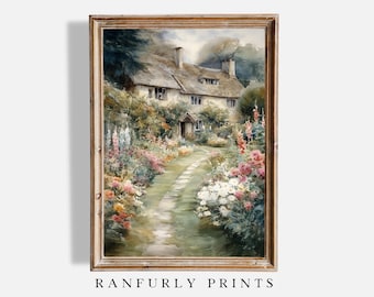 May include: A framed watercolor print of a cottage with a thatched roof, surrounded by a lush garden path lined with colorful flowers. The artwork has a vintage aesthetic, with the text "RANFURLY PRINTS" at the bottom.