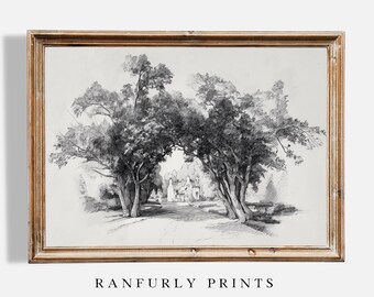 Grand Estate Pencil Sketch – Vintage Tree Archway Art (digital