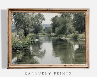 Impressão de paisagem de rio e floresta: arte natural em estilo vintage (download digital)