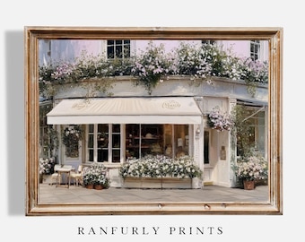 Romantic Parisian Flower Shop Print - Vintage Cafe Digital Wall Art