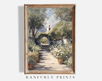 Gartenweg Illustration – Europäischer Garten Torbogen Wandkunst – Romantische Landschaft Weg Digital Download