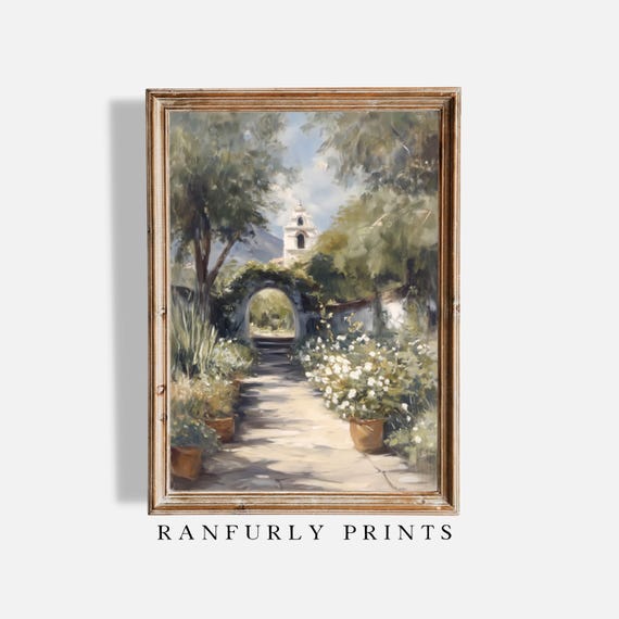 Garden Pathway Print – European Garden Archway Wall Art – Romantic Countryside Path Digital Download