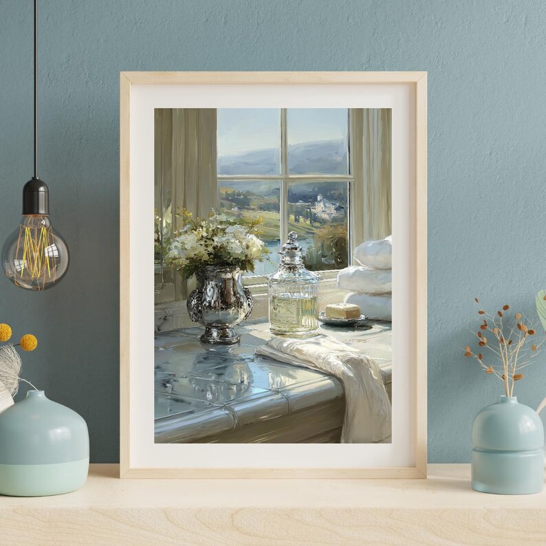 May include: A framed painting depicts a serene bathroom scene. A silver vase holds white flowers, next to a glass bottle and a stack of white towels. A window reveals a scenic landscape with a river and distant buildings.