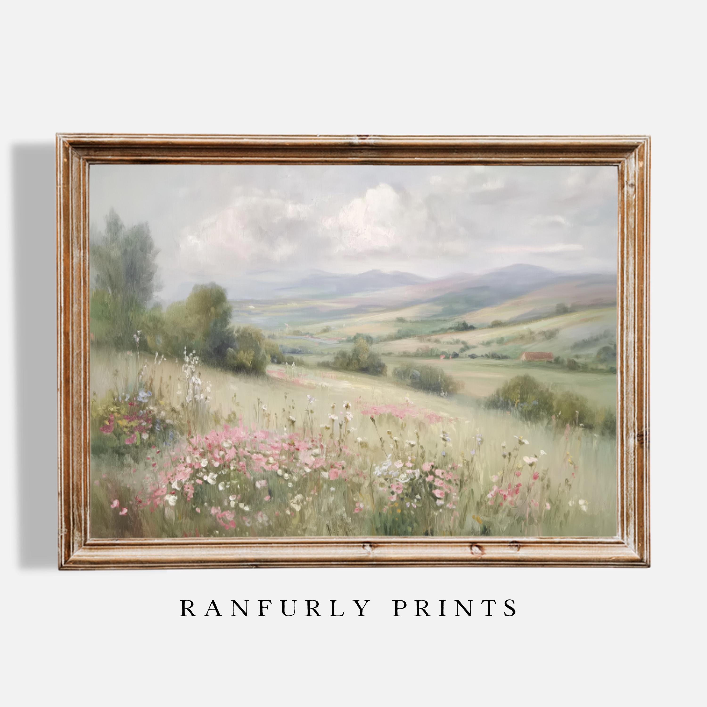Countryside Print With Pink Wildflowers – Rustic Landscape Wall