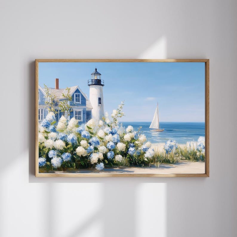 Coastal Lighthouse and Hydrangeas Art Print – Nautical Blue Beach ...