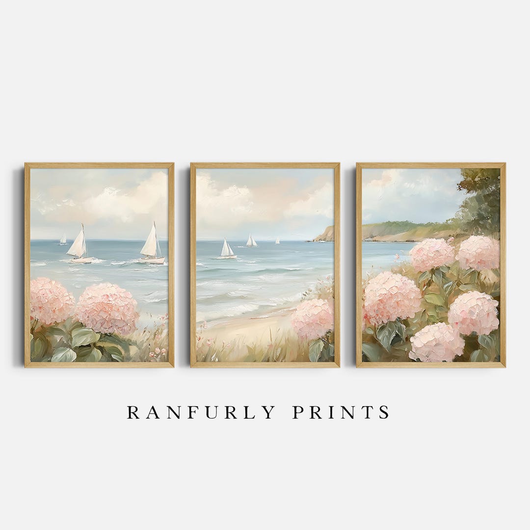 Coastal Hydrangea Triptych – Beach Sailboats Digital Wall Art Set – Soft Pastel Ocean Prin