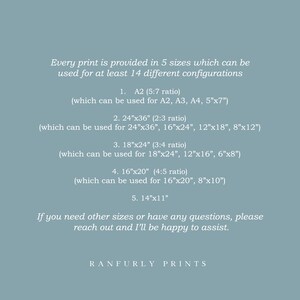 May include: Text on a light blue background lists print sizes and configurations, including A2, 24"x36", 18"x24", 16"x20", and 14"x11". The text also mentions the ability to use the prints in at least 14 different configurations. The bottom of the image includes the text "RANFURLY PRINTS".
