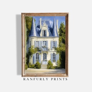 French Chateau Art Print – Blue Shutters Romantic Wall Decor, Digital Download