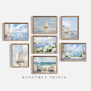 Sailboat Gallery Wall Art Set of 7 – Nautical Coastal Prints – Vintage Sailing Decor – Ocean Boat Scene – Digital Downloads