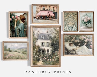 French Country Gallery Wall Set, Pink Floral Art Prints, Vintage Paris Decor, Digital Download