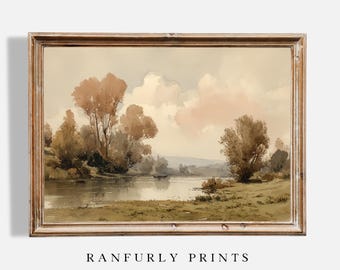 Impressão de paisagem fluvial vintage, cena rural em aquarela (download digital)