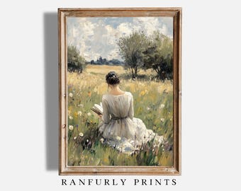 Woman Reading Print | Moody Victorian Portrait | Antique Field Painting | Printable Wall Art