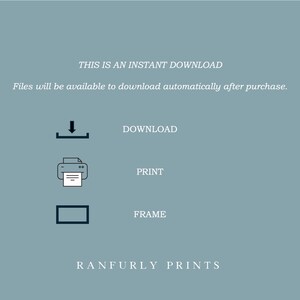 以下が含まれることがあります： 「THIS IS AN INSTANT DOWNLOAD」と「Files will be available to download automatically after purchase」のテキストが入ったティール色のグラフィック。ダウンロード、印刷、フレームのアイコンも含まれています。「RANFURLY PRINTS」のブランド名が下部にあります。