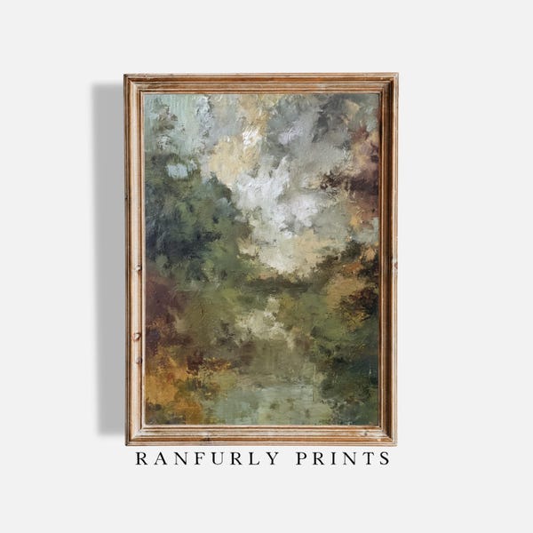 Abstract Forest Landscape Print, Moody Green Woodland Wall Art, Nature-Inspired Painting Texture, Digital Download