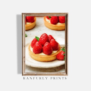 Strawberry Tart Art Print, French Pastry Wall Decor, Digital Kitchen Download