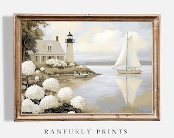 Sailboat and Lighthouse Coastal Scene | Nautical Wall Art | Digital Download Print