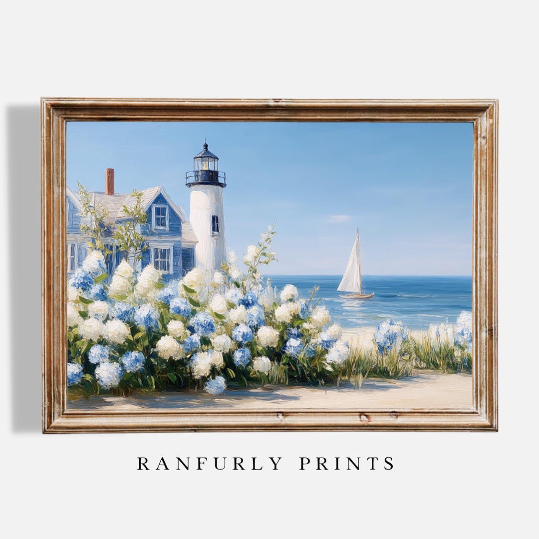 Coastal Lighthouse and Hydrangeas Art Print – Nautical Blue Beach ...