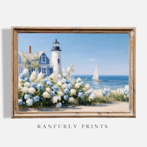 Coastal Lighthouse and Hydrangeas Art Print – Nautical Blue Beach Cottage Decor, Digital Download