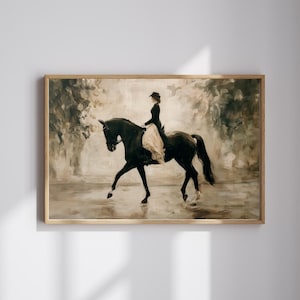 May include: A framed sepia-toned print depicts a person riding a black horse. The rider wears a dark outfit with a light-colored skirt. The horse is in motion, with one leg raised. The background suggests a park setting.