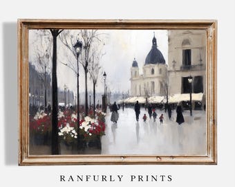 Paris Street Scene Print | Flower Market Oil Painting | French Vintage Wall Art | Digital Download