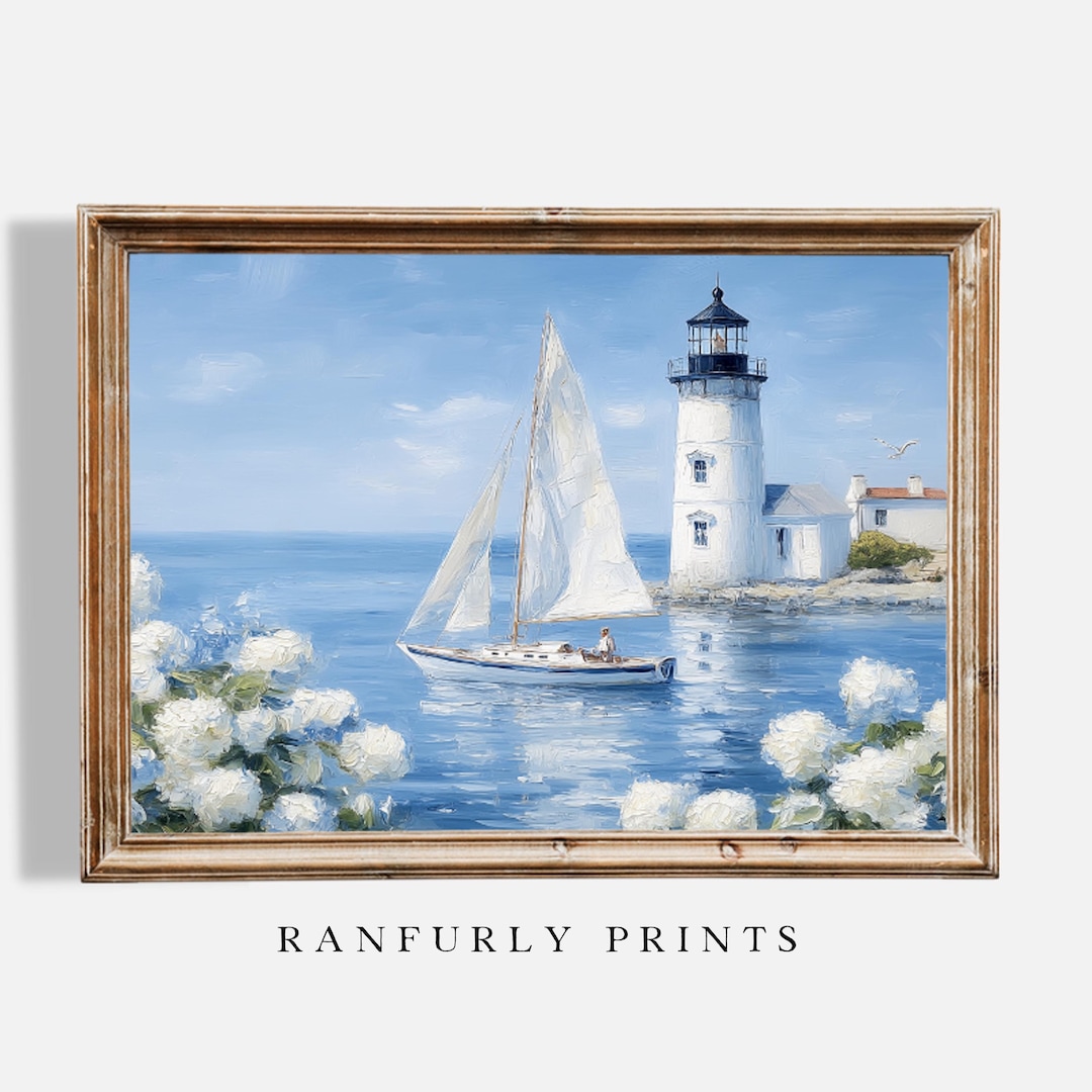 Sailboat and Lighthouse Coastal Wall Art – Nautical Digital Print ...