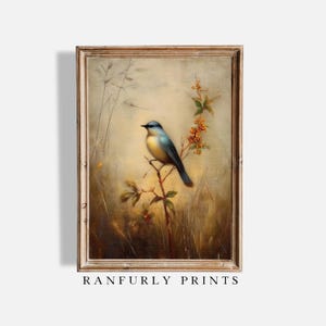 Vogel Poster – Blauer und gelber Vogel auf einem Zweig – Botanische Natur Wandkunst – Cottagecore Tier Dekor – Digitaler Download