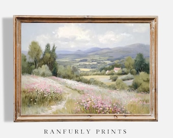 French Countryside Print – Pink Wildflowers Landscape Art – Romantic Rustic Wall Decor – Digital Download
