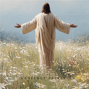 May include: An artistic painting depicts a figure in a flowing white robe with outstretched arms, standing in a field of daisies. The figure's back is turned, and the background features a soft blue sky and hints of a landscape. The text "RANFURLY PRINTS" is at the bottom.