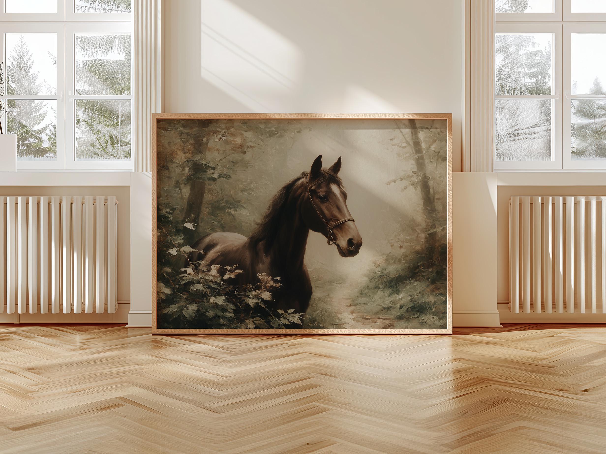 森の中の暗い馬のプリント – ムーディーな森の乗馬アート、デジタル