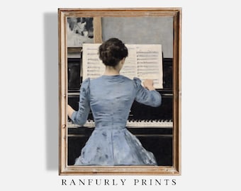 May include: A painting of a person in a blue dress sitting at a piano and playing music. The piano is black and has a sheet of music on it.