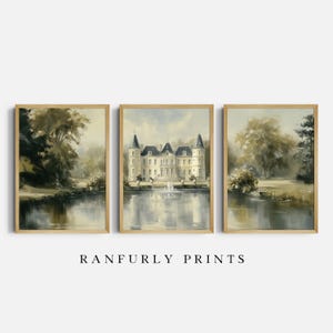 May include: Three framed landscape art prints. The prints depict a serene scene with a chateau, lake, and trees in muted tones. The text "RANFURLY PRINTS" is at the bottom.