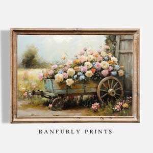 Blumenwagen-Druck – Altmodische Blumenwagen-Wandkunst – Vintage rustikale Bauernhausdekor – Landgarten druckbar – digitaler Download