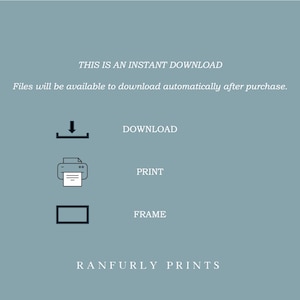 May include: A teal-colored graphic with the text "THIS IS AN INSTANT DOWNLOAD" and "Files will be available to download automatically after purchase." Icons for download, print, and frame are also included. The brand name "RANFURLY PRINTS" is at the bottom.