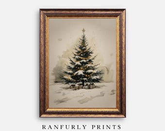 Vintage Christmas Tree Print | Digital Download Holiday Wall Art with Lights