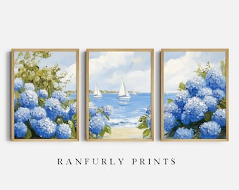 Blue Hydrangeas & Sailboats Set of 3 Prints, Coastal Digital Download