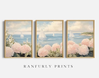 Pink Hydrangea & Sailboats Triptych – Coastal Beach Wall Art Set – Digital Download Print Set