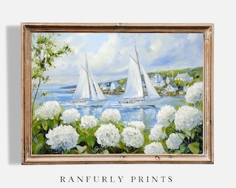 Sailboats and Hydrangeas Coastal Print: Vintage Nautical Wall Art (Digital Download)