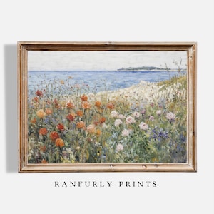 Coastal Wildflower Landscape Printable | Vintage Beach Painting | Summer Field Wall Art | Farmhouse Floral Print | Digital Download