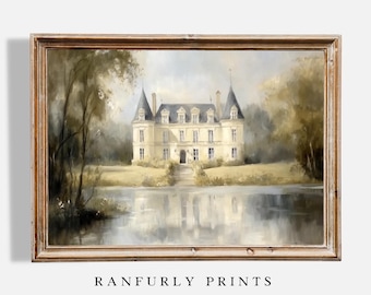 Vintage French Chateau Oil Painting: Muted Countryside Landscape (Digital Download)